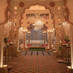 Ornate archway entrance with chandeliers and seating